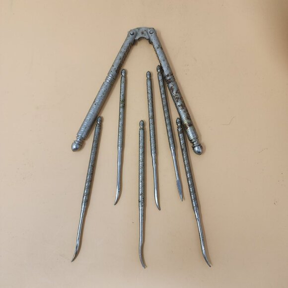 Unique Embossed Aluminum Nut Bowl And Tools Embossed Botanical - 1960's - Picture 8 of 10